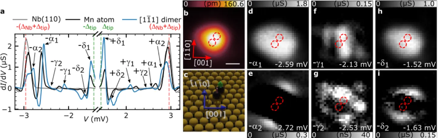 Fig. 3 STS of hybridized Shiba states in an AFM-coupled ﬃﬃﬃp3