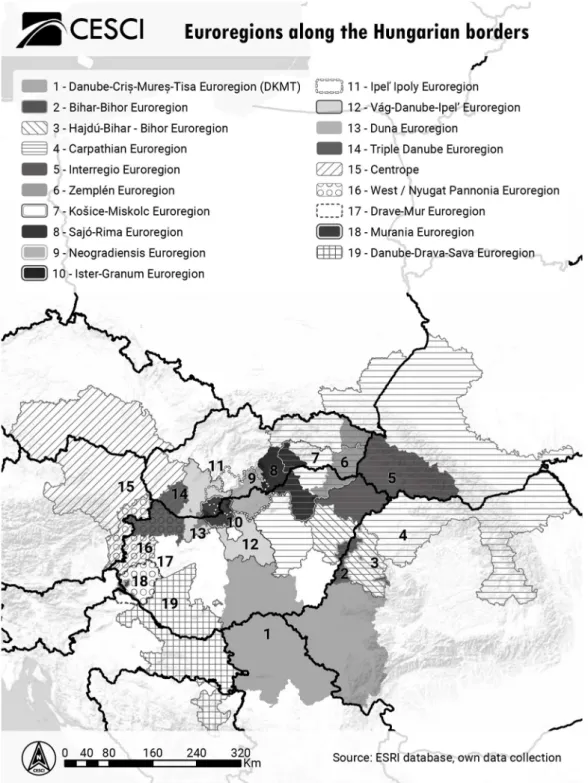 Figure 1: Euroregions around Hungary between 1993 and 2008  Source: CESCI (Viktória Jánosi) 