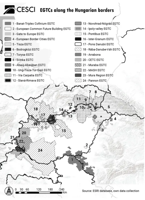 Figure 2: EGTCs around Hungary in 2020  Source: CESCI (Viktória Jánosi) 
