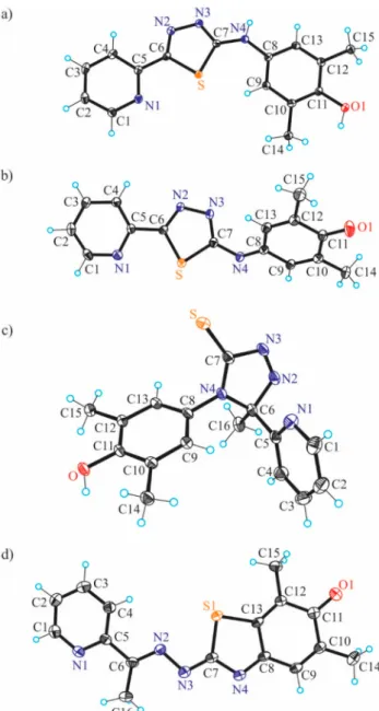 Figure 4. The same coordination geometry of a copper(II) bound by a monoanionic thiosemicarbazone and a  mono-dentate coligand was reported for [CuCl(mPip-FTSC − H)] · 0.15CH 3 OH, 55 [Cu(L 1 )( μ -Cl)]Cl, and [Cu(L 2 )( μ -Cl)]Cl · H 2 O, where ligands L 