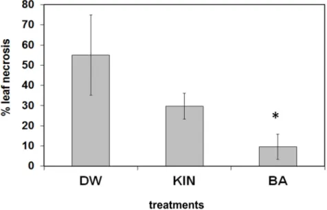 Figure 6. Effect of water (DW), kinetin (KIN), or benzyladenine (BA) pre-treatment on Botrytis  cinerea infection on tobacco leaves
