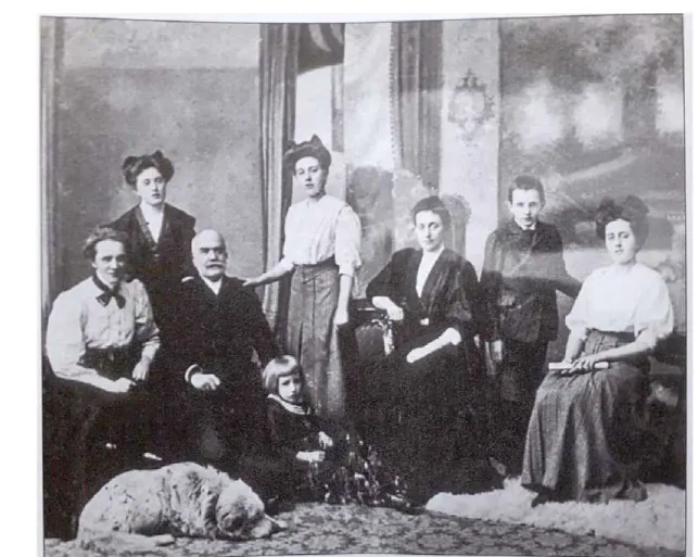 4. ábra Alexander Béla családjával a késmárki otthonukban. Alexander Béla mellett balra nővére, a földön ül a  röntgensugártól károsult, Imre