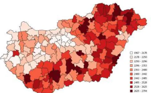 1. ábra. Magyarország járásai az összes betegségcsoportra vonatkozó  morbiditási ráta értéke alapján, 2014-2018 évek átlaga (eset/ezer fő) 