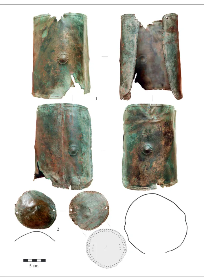Fig. 4 “south-Balaton region, north of Kaposvár”. 1: repoussé decorated “arm guard”; 2: large knob with repoussé  patterns (Photo, drawing: tarbay J