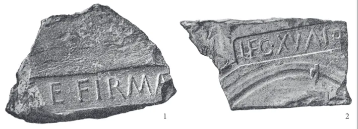 7. kép 1–2: római kori bélyeges téglák (tegulae) töredékei Pozsonyból, archív felvétel (Kat