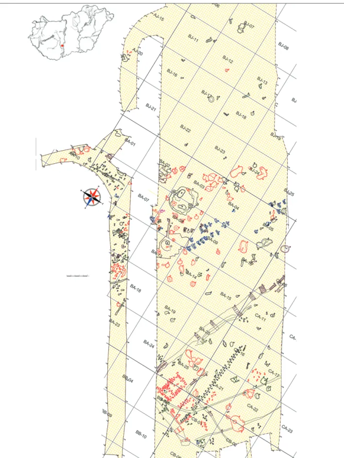 1. kép a lelőhely térképe az avar temetővel (piros és barna: meg nem határozható őskor, narancssárga-lila: rézkor,  sötétlila: kelta, kék: avar kor, zöld: Árpád-kor) 