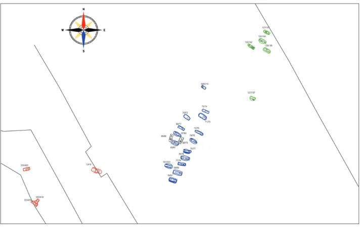 2. kép avar sírok elhelyezkedése tolna-mözs, Községi csádés földek, to-02 régészeti lelőhelyen   (piros: 1., kék: 2., zöld: 3