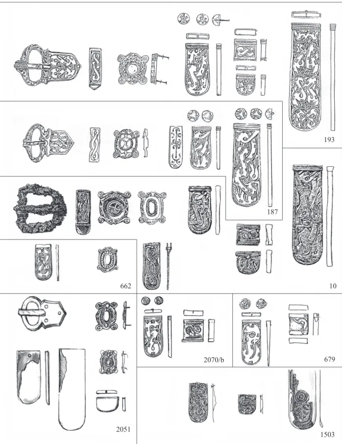 4. kép Fogazott szalagfonatos öntött, illetve préselt (2051, 1513) szalagfonatos övdíszek a zamárdi avar kori temetőből Fig
