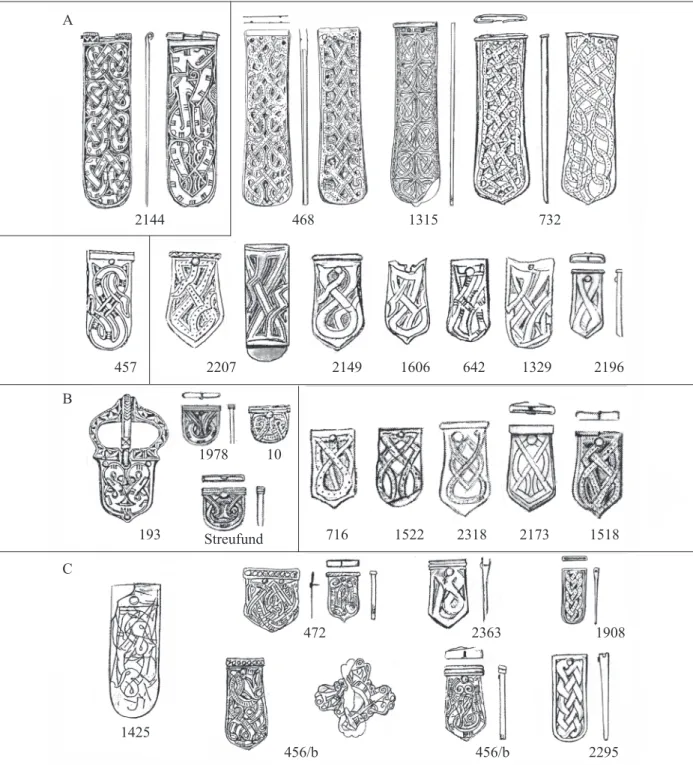 6. kép A: fogazott szalagfonatos nagy- (2144) és kisszíjvég (457) mintájának poncolt szalagfonatos jó, és kevésbé  sikerült utánzatai a zamárdi temetőből; B: fogazott szalagfonatos csat és kisszíjvégek (193, 1978, 10) mintájának 