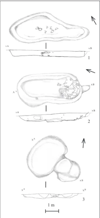 Fig. 2 Nagykálló-Harangod. 1: Plan and side view of  sunken feature 4/4, with the remains of an oven; 2: Plan  and side view of sunken feature 64/73, with the remains 