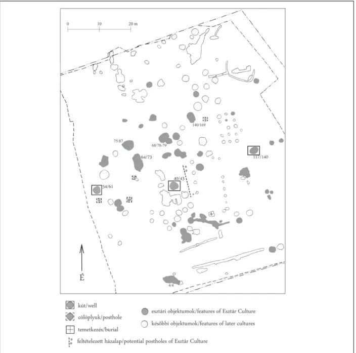 1. kép Nagykálló-Harangod (Szabolcs-Szatmár-Bereg megye). Az Esztári kultúra településrészletének objektumai,  földbeásott építményekkel 
