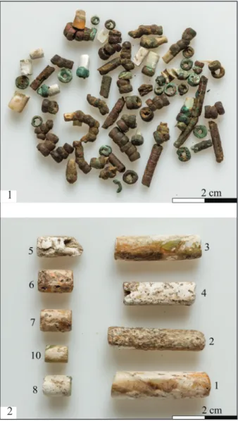 fig. 12 Parts of the necklace from grave No. 3. 1: stone  (malachite?), bone, and copper beads; 2: marine shell beads 12