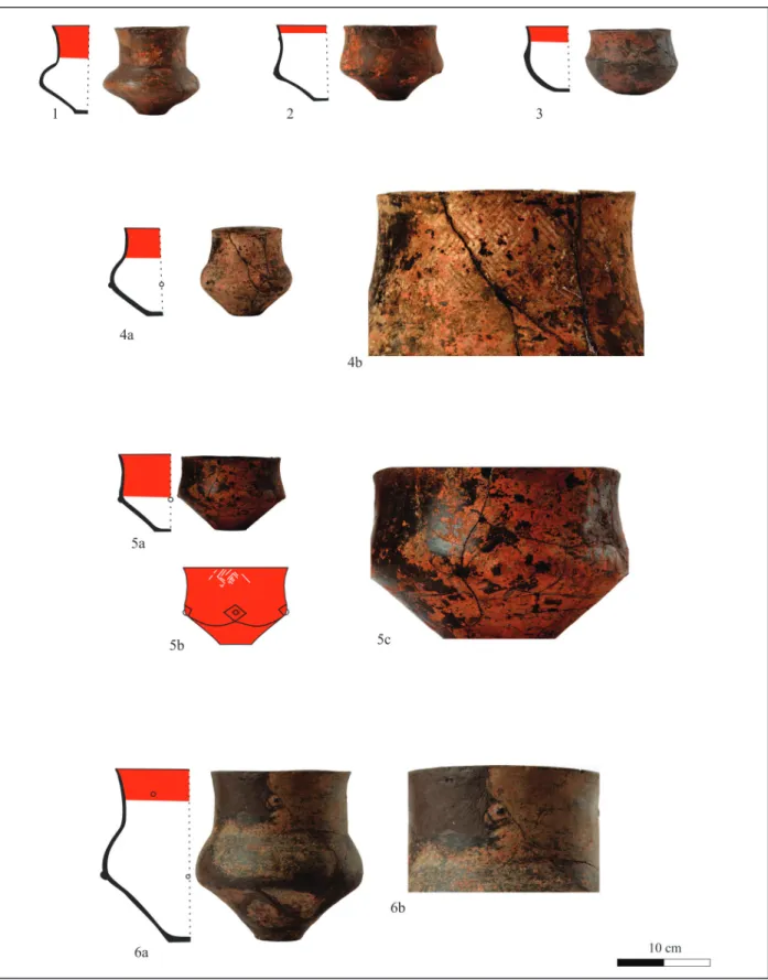 fig. 14 Pottery vessels from grave feature No. 3; 5b: reconstruction of the painted motifs (not in scale) (Photo: istván füzi, jPm) 