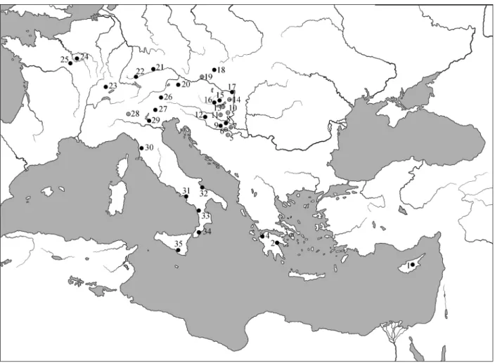 9. kép Bronzkori lábszárvédők európai elterjedési térképe (c lauSing  2002 és u ckelMan  2012 alapján,  kiegészítésekkel);      kerék alakú motívum