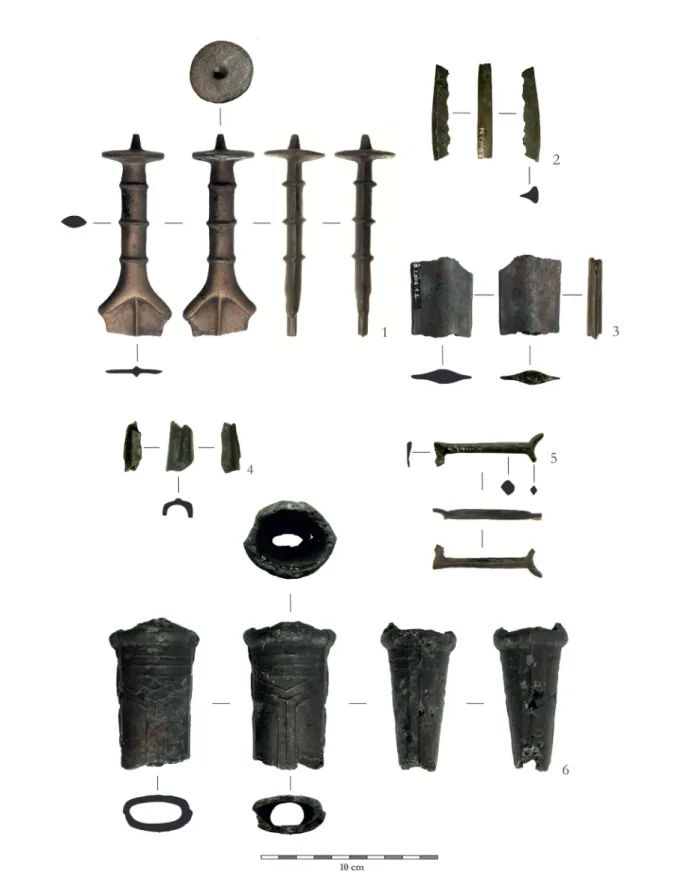 Fig. 11 Objects from the hoard. 1–3: Sword fragments; 4: Spear fragment; 5: Razor or knife fragment; 6: Upper  fragment of a socketed axe