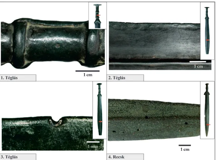 4. kép A Téglás-bek-kerti (Déri Múzeum) és recski (Magyar Nemzeti Múzeum) kardok makroszkópikus megfi- megfi-gyelése