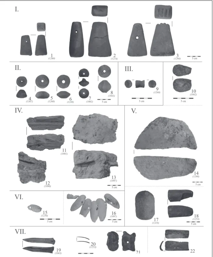 7. kép Agyag, kő, és faunális eredetű tárgyak válogatása Balatonboglár–Berekre-dűlő kora vaskori teleprészleté- teleprészleté-nek objektumaiból
