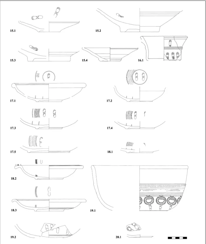 Fig. 7. Vessels of Group II (site nr. 6: Cat. 17.2; 10: Cat. 18.3; 11: Cat. 18.1; 26: Cat