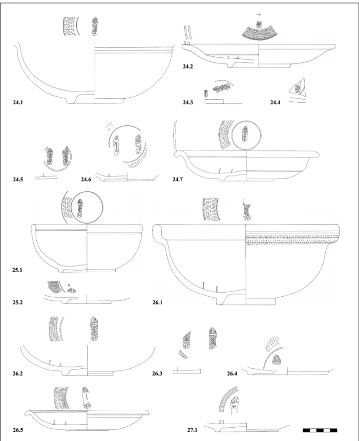 Fig. 9. Vessels of Group III (site nr. 23: Cat. 26.1–2; 16: Cat. 24.7; 17: Cat. 25.2; 22: Cat