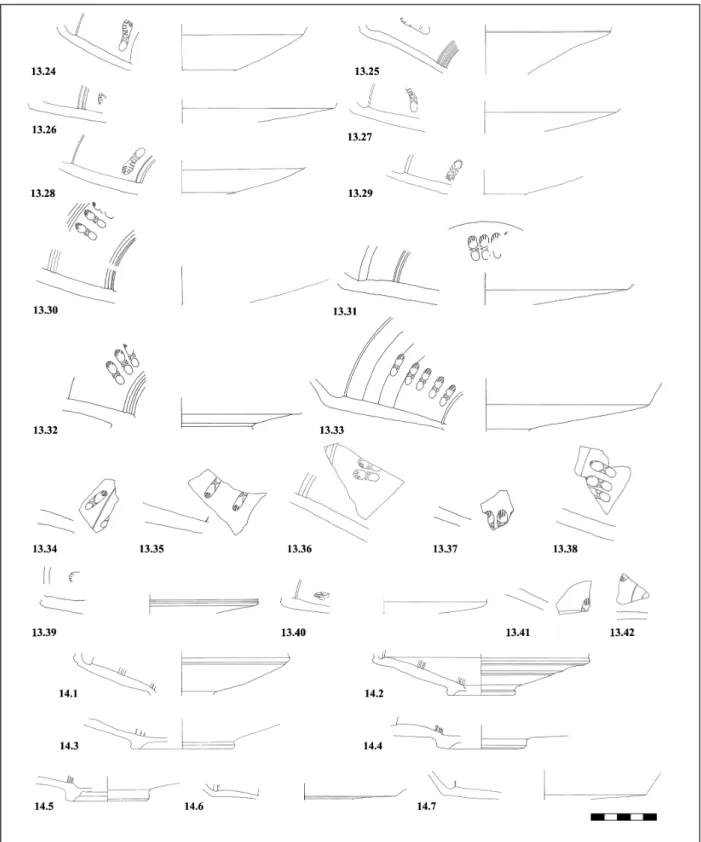 Fig. 6. Vessels of Group II (site nr. 4: Cat. 13.32; 5: Cat. 13.33, Cat. 13.41; 7: Cat