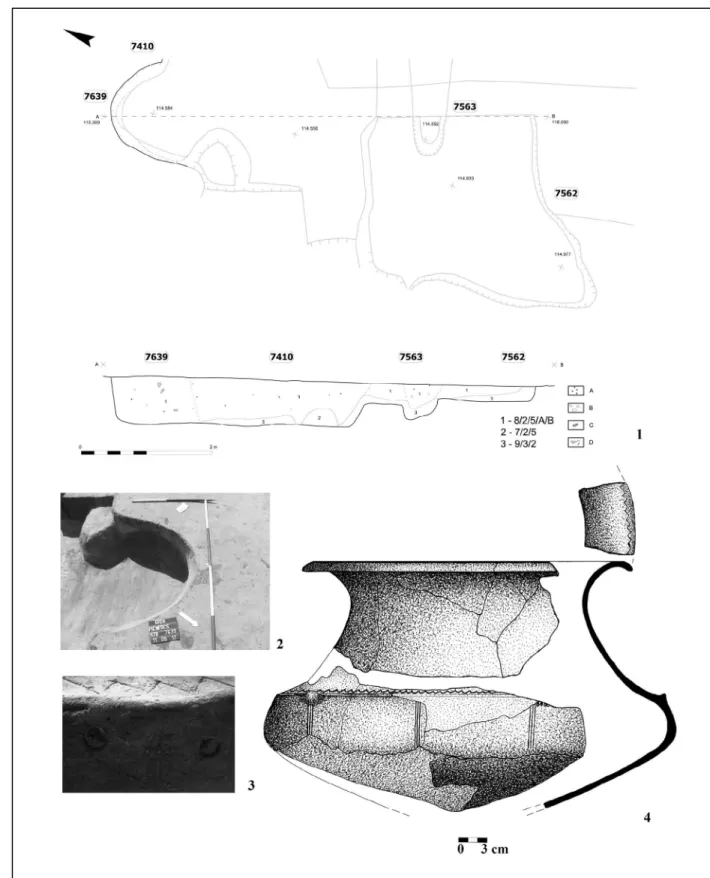 8. kép 1: A 7639. str. számú gödör és a kapcsolódó jelenségek; 6  2: A 7639. str. számú gödör teljes fotója; 3: urna  díszítésének részletfotója; 4: urna kiszerkesztett rajza