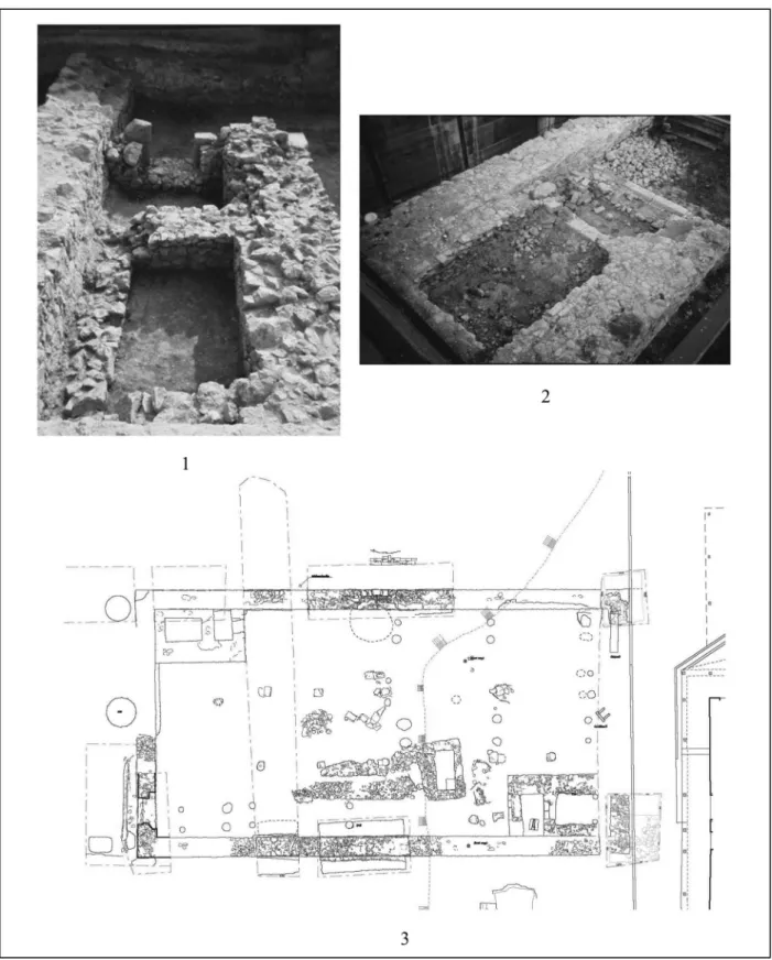 7. kép 1: kora anjou kori lakóház északkeleti sarkában feltárt hypocaustum; 2: kora anjou kori lakóház délnyugati  sarkában feltárt hypocaustum; 3