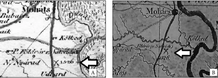 1. kép A mohácsi csatatér területe a Magyar Átlásban (A) és a Mappa Generalis Regni Hungariae-ban (B) (HM  Hadtörténeti Intézet és Múzeum, Térképgyűjtemény)