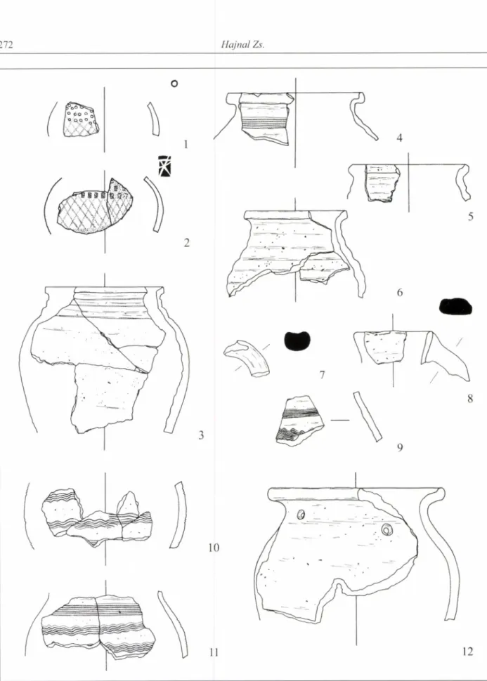 Abb.  5 Kölked-Feketekapu.  1-12:  Haus 21;  1-2: germanische Keramik (Gruppe IA); 3: schwarze Keramik (Gruppe ICI); 
