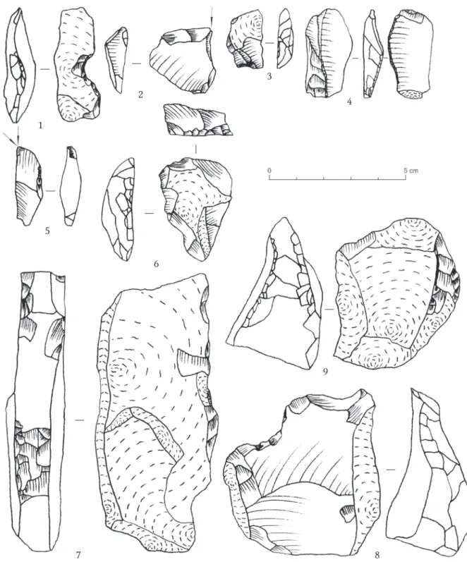 Fig. 10. Stone artifacts from 1/2018 sondage in Stará Ľubovňa – Lesopark site: 1 – retouched natural  stone, 2 – truncated burin, 3 – fragment of retouched flake, 4 – fragment of retouched crested blade of  the second series, 5 – dihedral burin, 6 – amorph