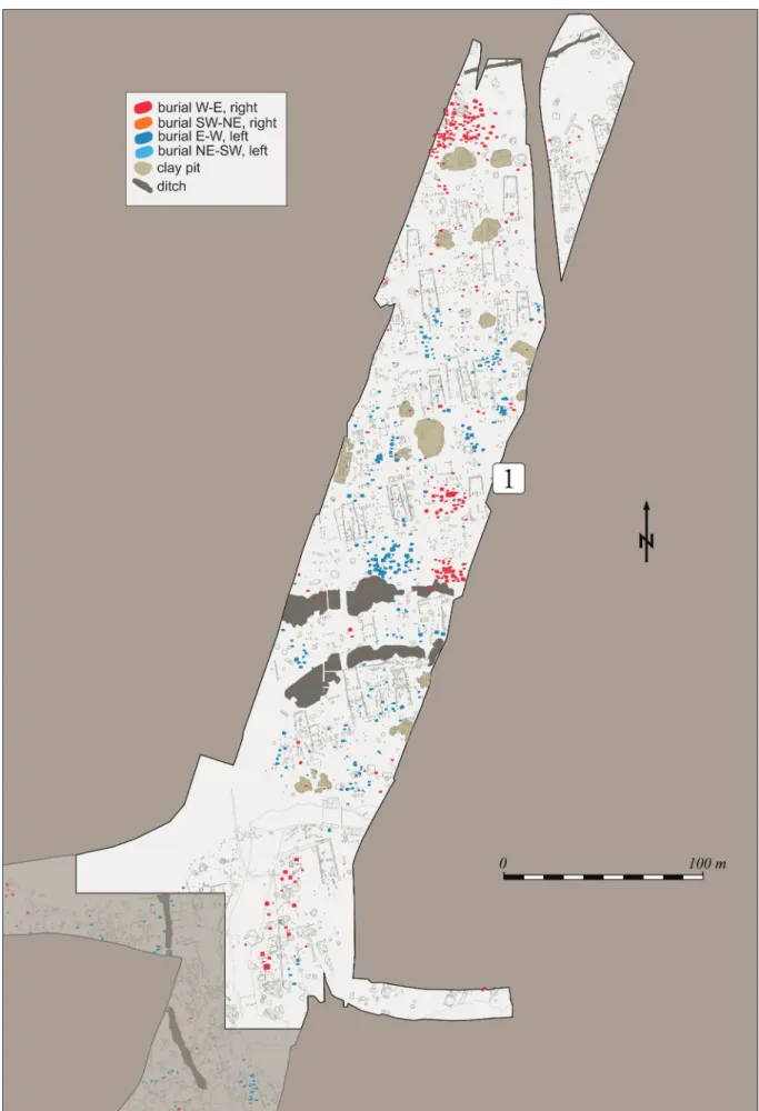 Fig. 9. Clay extraction pits, ditches and burials with the main orientations highlighted on the plan of  the northern excavation area (subsite 10B, area 1)