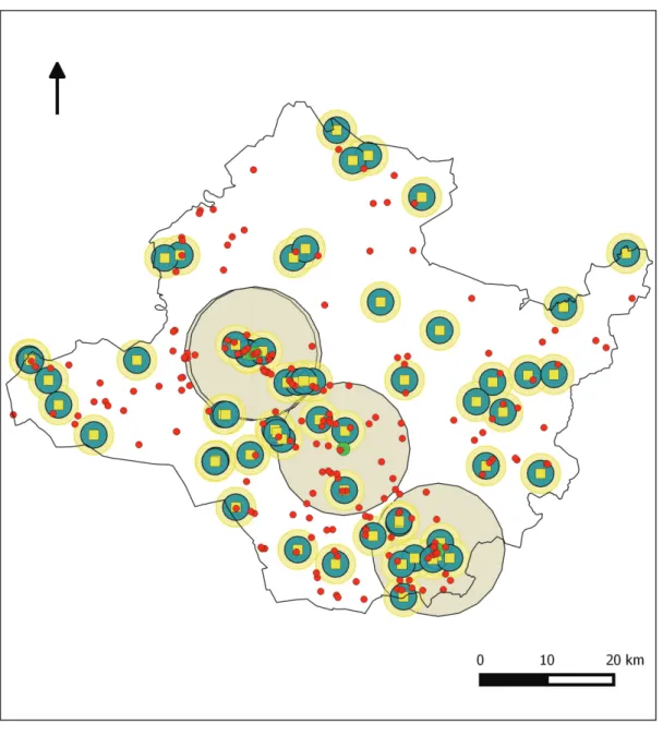 Fig. 10. Settlement clusters around medium-intensity settlements (La Tène culture).