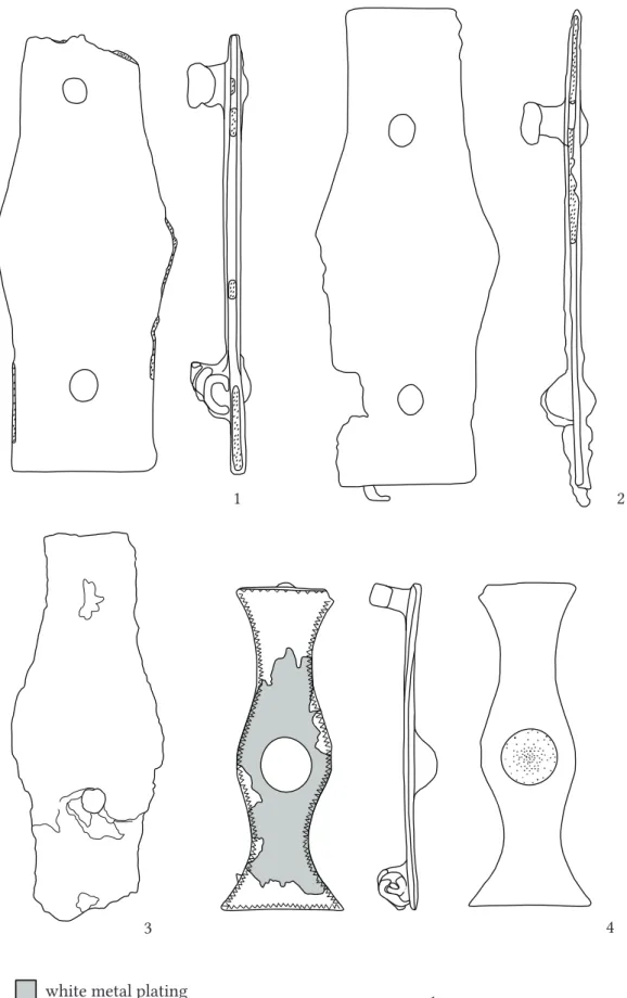 Fig. 12. Newly found bow-tie shaped fibulae from Pannonia. 1 – Budapest-Aquincum-Sajka street 4/