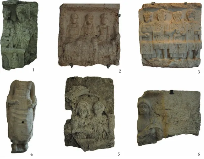 Fig. 13. Tombstones with the picture of women in native costume and bow-tie shaped fibulae on the  shoulders 1: 1 – Dunaújváros/Intercisa, Lupa 3974 2 – Dunaújváros/Intercisa, Lupa 734, 3 –  Dunaú-jváros/Intercisa, Lupa 3945, 4 – Ercsi, Lupa 726, 5 – Pilis