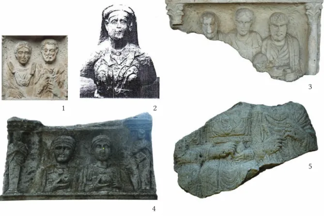 Fig. 14. Tombstones with the picture of women in native costume and bow-tie shaped fibulae on  the shoulders 2: 1 – Eszék/Mursa, Lupa 4305 (Lupa), 2 – Unknown site, Aquincum Museum  (Cson-tos 1999, Pl