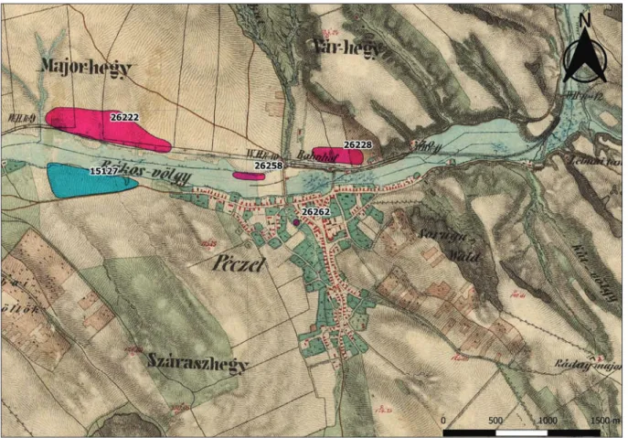Fig. 2. Map of the 2 nd  Military Survey with the identified Sarmatian settlements in the vicinity of Pécel.