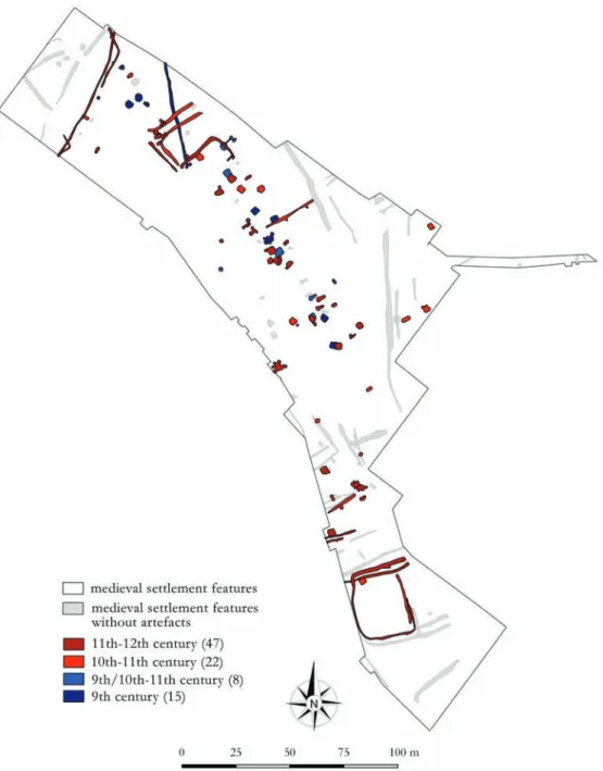 Fig. 6. Ménfőcsanak-Szeles-dűlő. Early medieval settlement horizons (trenches excavated in 1990–1991).