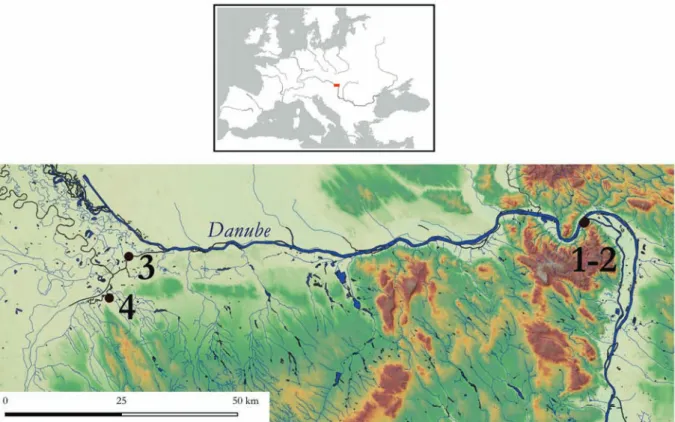 Fig. 1. The location of the sites under discussion. 1 – Visegrád-Sibrik-domb, 2 – Visegrád-Várkert-dűlő,  3 – Bácsa-Szent Vid-domb, 4 – Ménfőcsanak-Szeles-dűlő (N-Hungary).