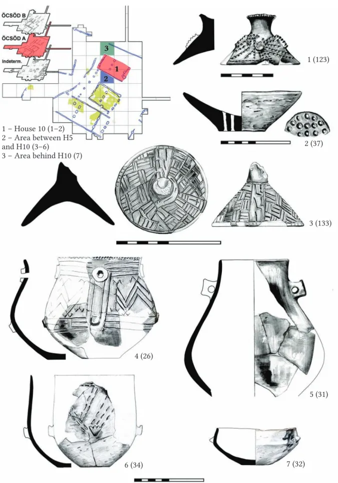 Fig. 34. Refitted vessels from the early occupation at Öcsöd-Kováshalom.1 – House 10 (1–2)2 – Area between H5 and H10 (3–6)3 – Area behind H10 (7) 1 (123)2 (37) 3 (133)4 (26)5 (31)6 (34)7 (32)