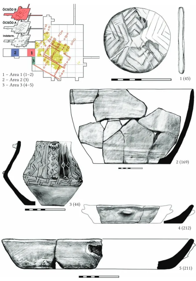 Fig. 38. Refitted vessels from the late occupation at Öcsöd-Kováshalom.1 – Area 1 (1–2)2 – Area 2 (3)3 – Area 3 (4–5) 1 (45)2 (169)3 (44) 4 (212) 5 (211)