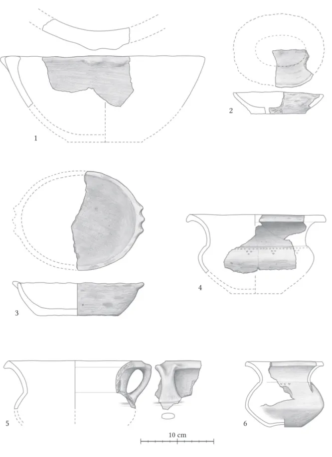 Fig. 17. Vessels from Feature 80. 1 – Vessel 20, 2 – Vessel 21, 3 – Vessel 19, 4 – Vessel 17, 5 – Vessel 18,  6 – Vessel 4 (Drawings: László Gucsi).