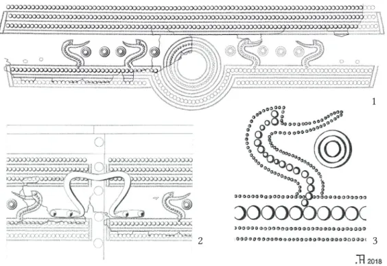 Fig. 5. Reconstruction of the decoration and details of the situla from “Ternopil Oblast”: 1 – solar barge,  2 – side view of the vessel, 3 – bird head with circular ribs pattern (Drawings: A
