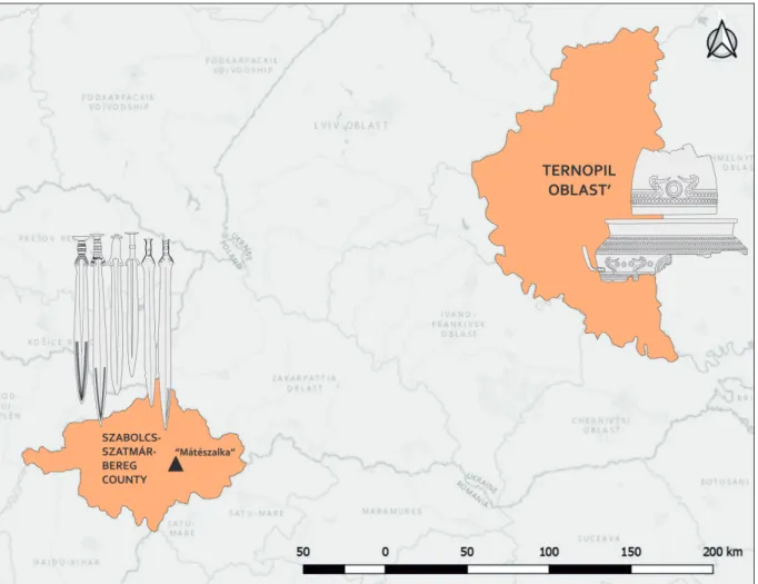 Fig. 1. Alleged provenance of the findings: “Mátészalka” (Hungary, Szabolcs-Szatmár-Bereg County)  and “Ternopil Oblast” (Ukraine).