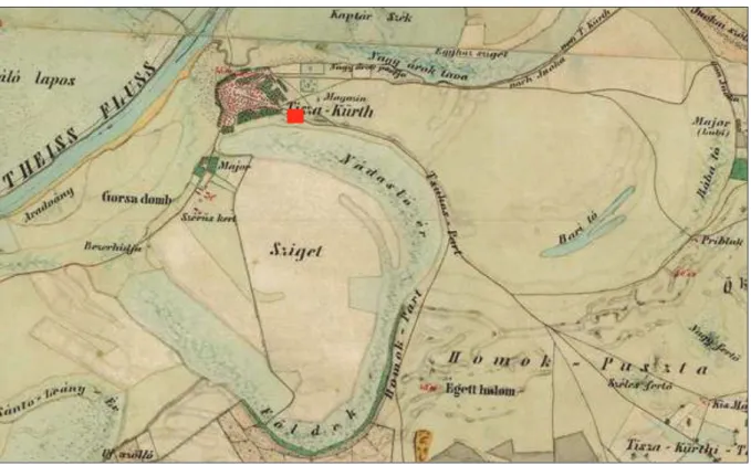 Fig. 1. The location of the grave and the surrounding region on a map of the Second Military Survey of  the Habsburg Empire (1819–1869).