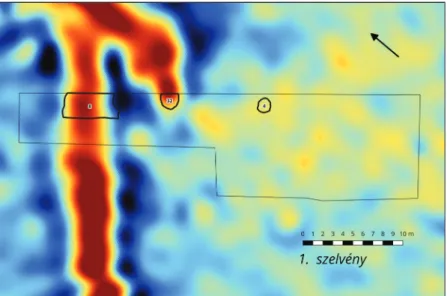 Fig. 11. The contours of the phenomena discovered in Trench 1 visualized on the map of the mag- mag-netometer survey (András Bödőcs – Sándor Puszta).