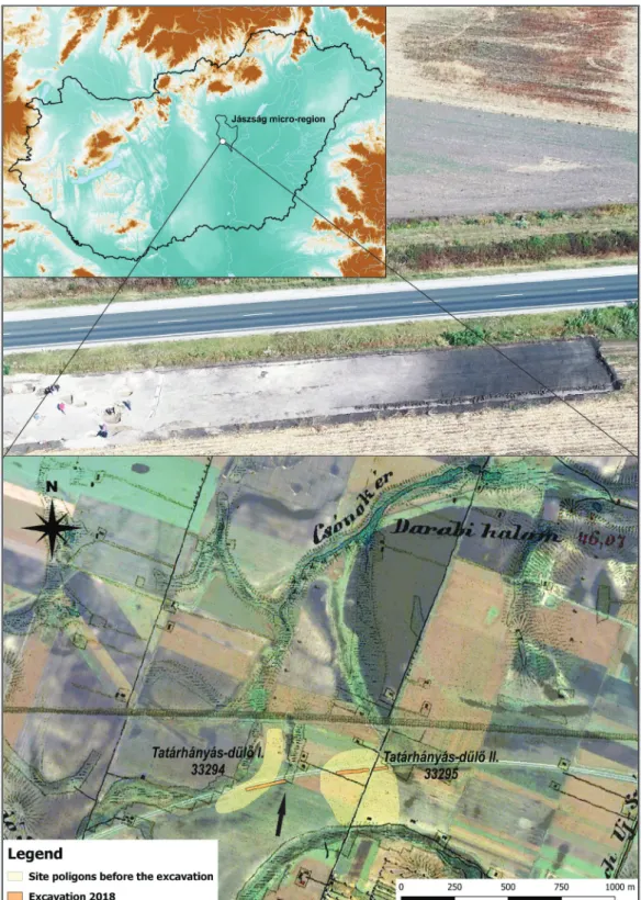 Fig. 1. Location of the excavations on synchronized Google Earth™ and Second Military Survey maps,  with a drone photo of the up-silted channel of the Málé Stream (black arrow showing the direction of  the taking).