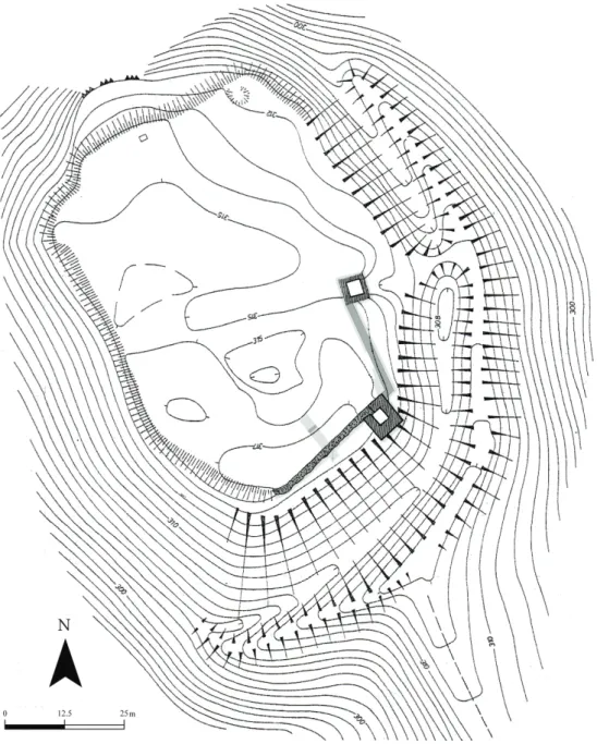 Fig. 3. Excavations of 1997–2007. Dark grey: unearthed walls; light grey: trenches. (After the survey  of Gy