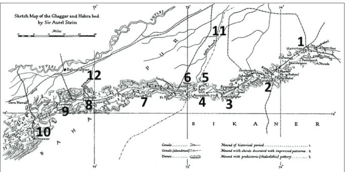 Fig. 3. Sketch Map of the Ghaggar-Hakra tour: 1 – Hanumangarh, 2 – Suratgarh, 3 – Ramsinghpur,  4 – Anupgarh, 5 – Binjor, 6 – Walar, 7 – Marot, 8 – Kudwala, 9 – Lurewala, 10 – Derawar, 11 – Hakra  Branch, 12 – Desert Branch (Stein 1942, 174).