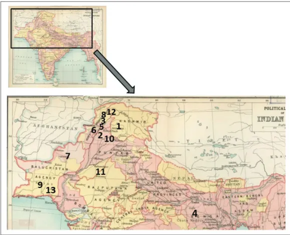 Fig. 4. Political Divisions of the Indian Empire (Meyer et al. 1909, Vol. 26, 20) showing the regions  Aurel Stein explored