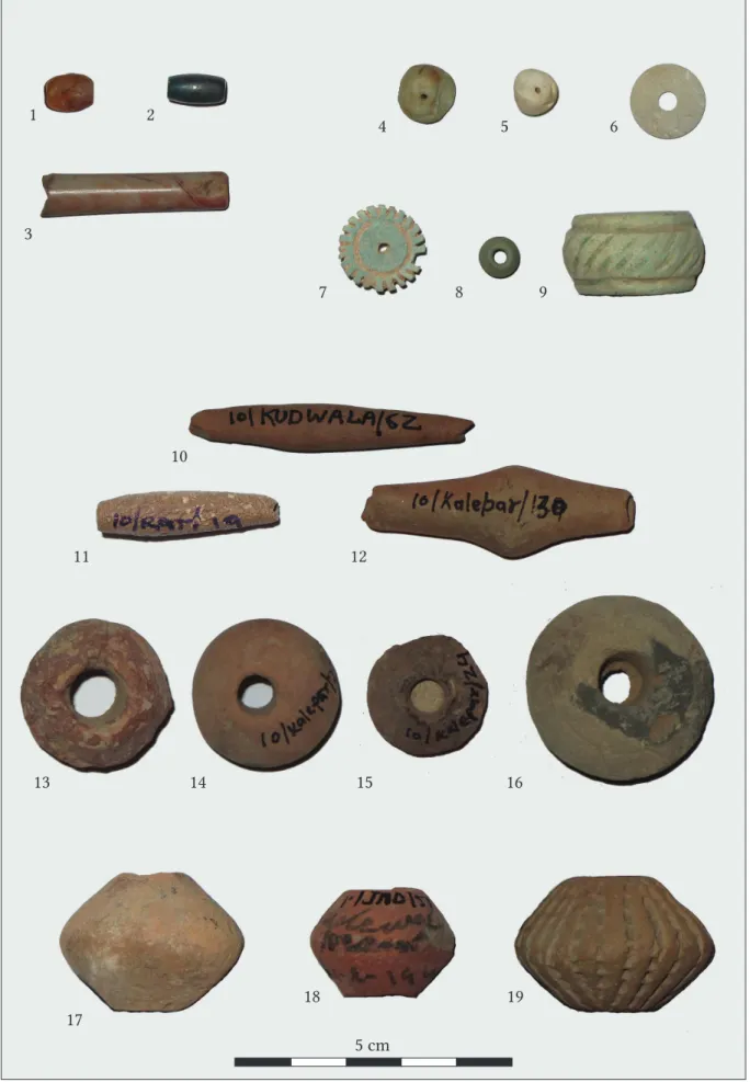 Fig. 7. Selection of beads from Stein’s Sarasvatī collection: 1–6 – stone beads, 7–9 – faience beads,  10–19 – terracotta beads.123 4 5 6789101112131415161718195 cm
