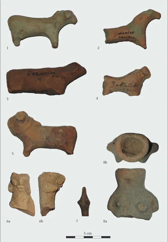 Fig. 8. Selection of terracotta figurines from Stein’s Sarasvatī collection: 1–5 – animal figurines, 6–8 –  human figurines.1 23456a6b7 8a 8b5 cm